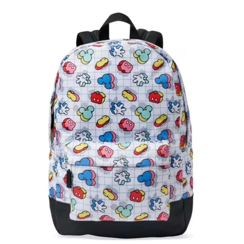 Mickey Mouse Disney White Backpack with Blue, Red, Yellow, Pink, Green Icons NWT